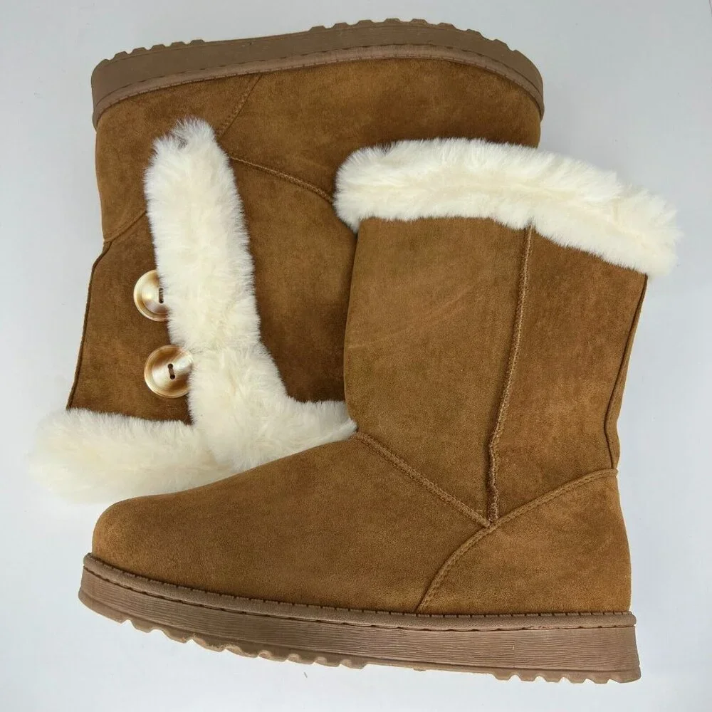 SO Womens Kohls Abigail Chestnut Brown Solid Faux Suede Fur Size 10 Winter Boots